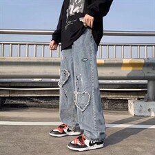 美式高街复古男嘻哈泼墨爱心贴布牛仔裤P33图片