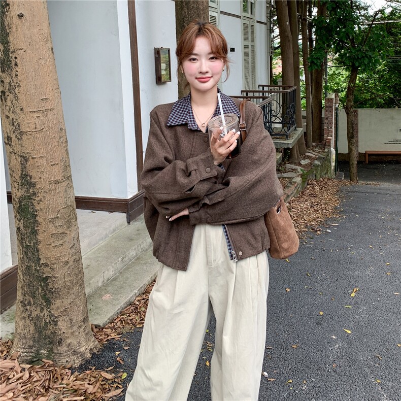 假两件拼接格纹拼接咖色毛呢外套女秋冬2025新款小个子巨好看上衣,女装短外套,2C205