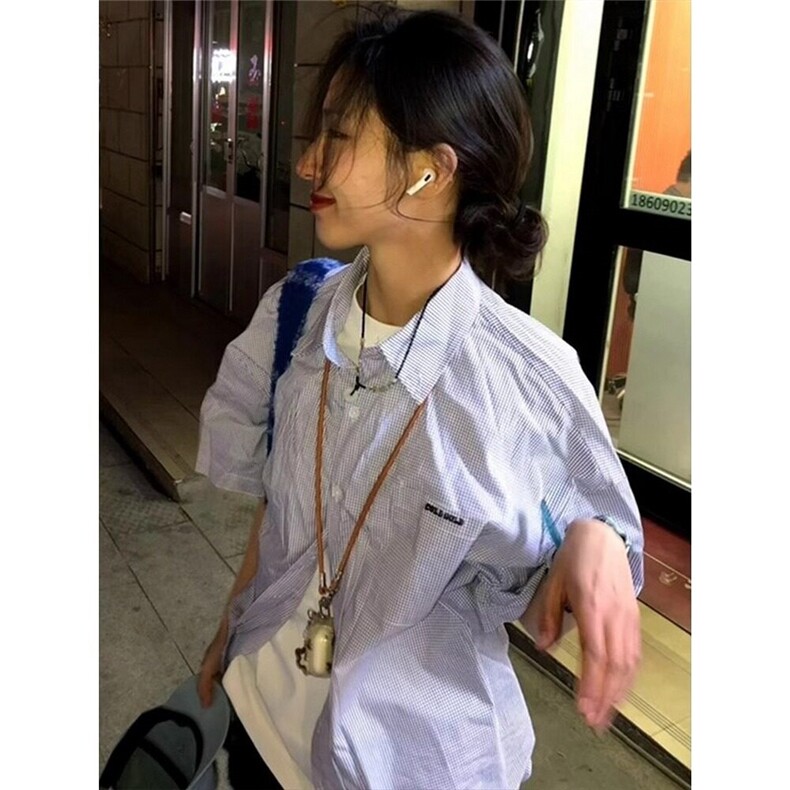网图现货  美式宽松条纹短袖衬衫男女CS14/P35图片