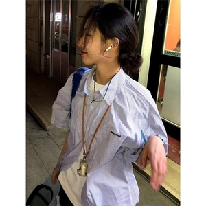 网图现货  美式宽松条纹短袖衬衫男女CS14/P35图片