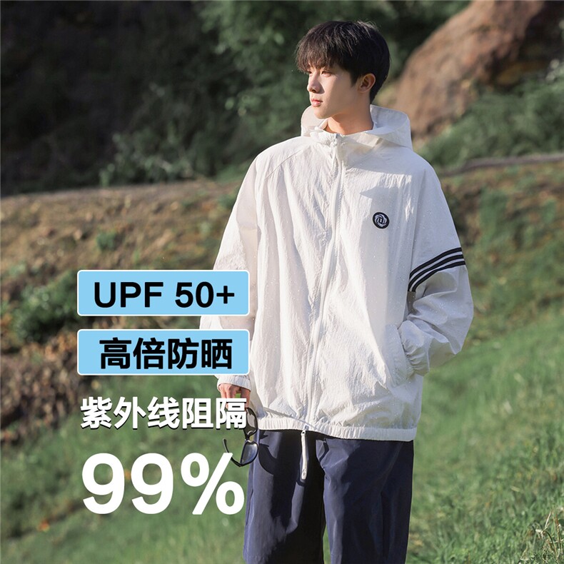 夏条纹设计轻薄UPF50+反光条长袖防晒衣男F27/P55控88-100涤，男装防晒衣，电商A148
