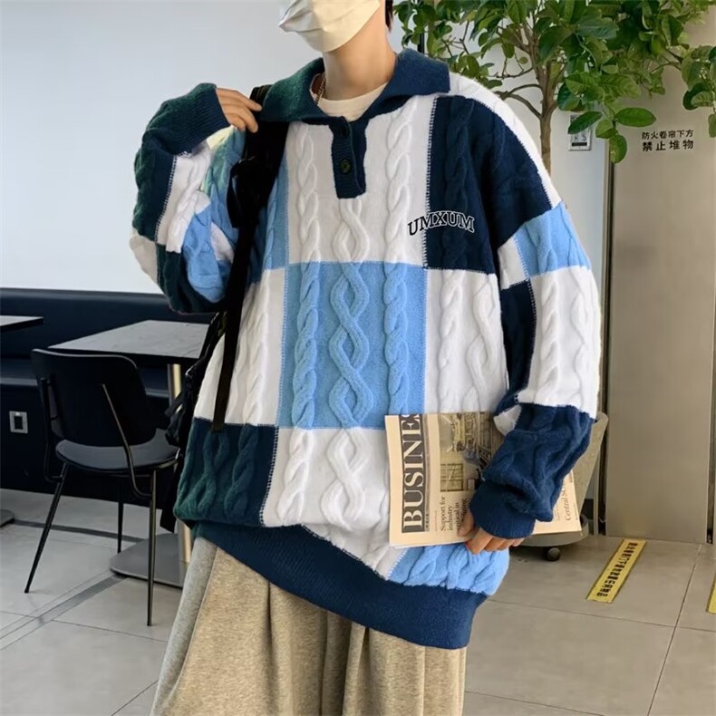 花条纹毛衣男女早秋日系复古九宫格拼色Polo针织衫CM732P65,男装针织衫/毛衣,星座1116-2
