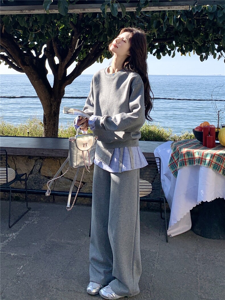 韩系慵懒休闲风格纹拼接卫衣套装女2026春季阔腿裤时尚减龄两件套,女装套装/套裙,艾米莉亚