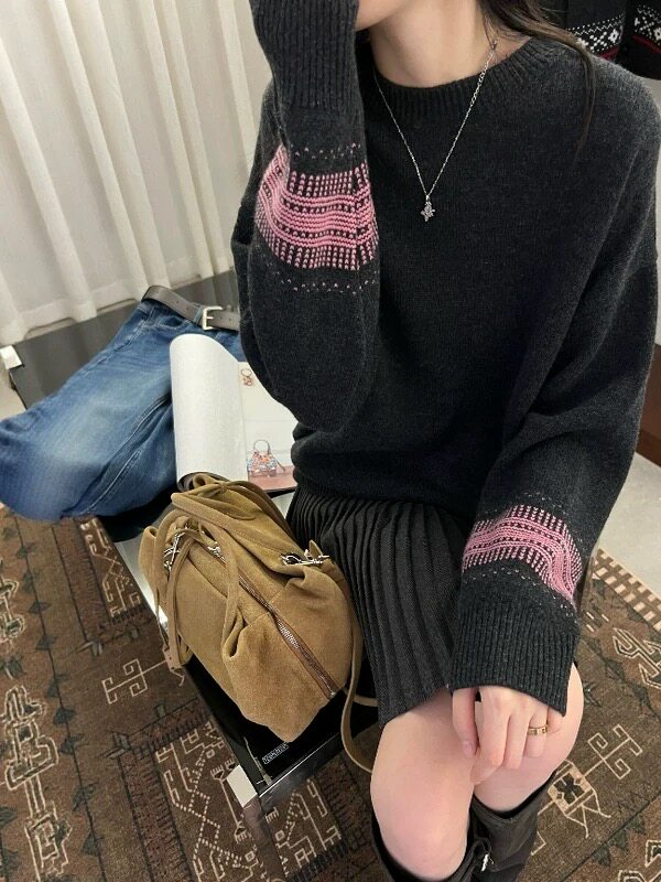 2026年秋季通勤套头时尚百搭通勤简约休闲撞色提花圆领,女装羊毛衫,圣旺供货