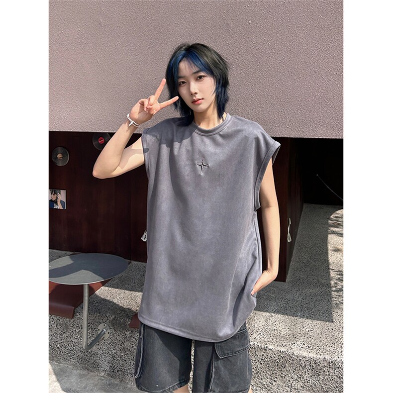 港风大码美式麂皮绒套头圆领无袖T恤背心男潮 XZ213-T071-P35控48图片