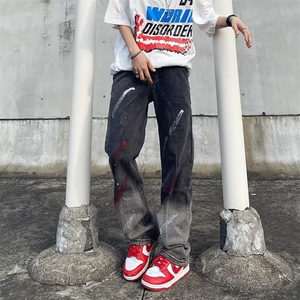秋嘻哈美式复古高街泼墨宽松直筒休闲牛仔裤长裤裤子男AMX120 P40图片