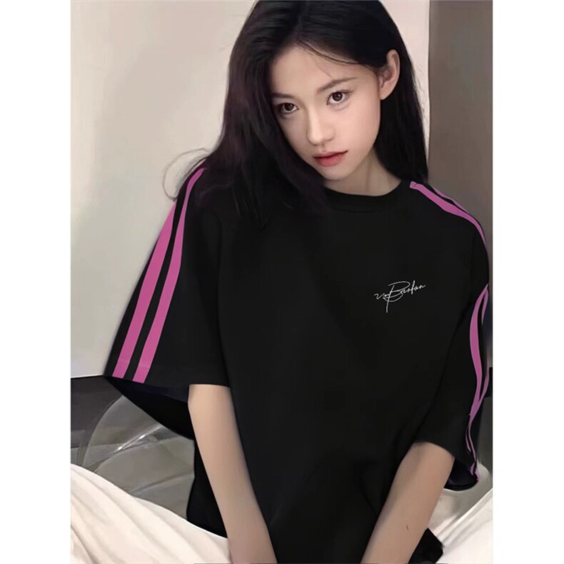 抖音得物品质二开240克宽松纯棉美式潮牌印花三条杠中性风短袖T恤,男装T恤,电商A486