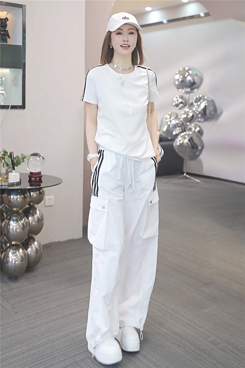 女夏季高级感休闲运动套装圆领收腰短袖上衣休闲束脚长裤两件套潮,女装套装/套裙,江南