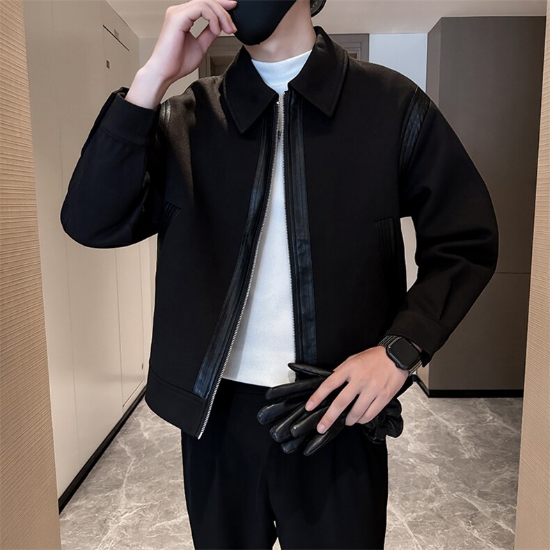 轻熟小伙高端呢子拼皮宽松外套大衣夹克男A236-JK0812加棉-P140,男装夹克,电商A236