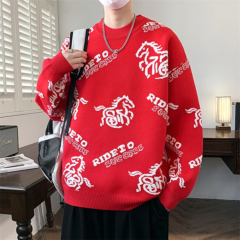 马年红色毛衣冬季男士毛衣加厚针织打底衫休闲保暖毛线衣M729-P60图片