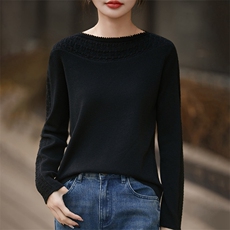 2026年秋季时尚百搭通勤简约休闲一字领钩花镂空套衫，女装羊毛衫，暖烁羊绒