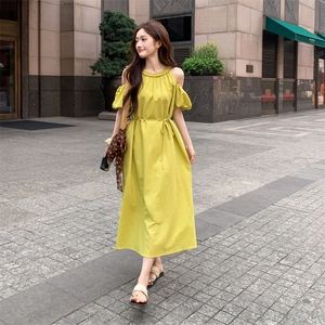 时尚宽松2026夏季新款法式露肩度假沙滩连衣裙182-8619P135K19，女装连衣裙，帛香坊