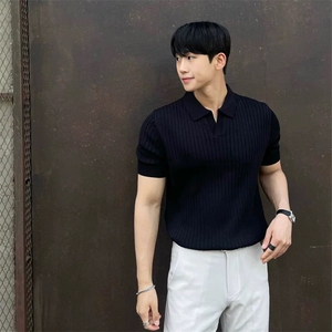 老钱风纯色条纹V领针织男短袖翻领上午冰丝Polo衫PL91/P48图片