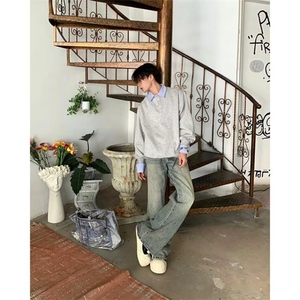 假两件撞色拼接衬衫领卫衣男女秋季长袖翻领宽松情侣款设计感上衣图片