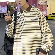 polo衫男条纹韩版潮流2023秋冬季新款ins宽松百搭帅衬衫W3281-P33，男装Polo衫，星座412-2