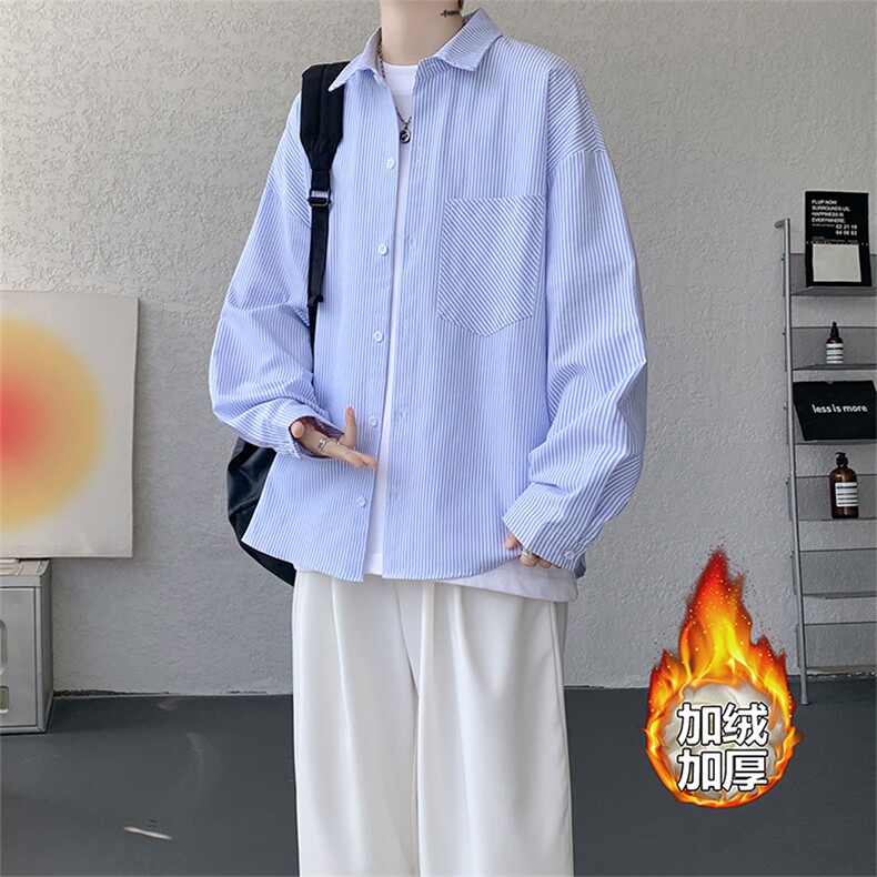 加绒衬衫男冬季新款港风宽松条纹加厚保暖长袖衬衣JR89-P39,男装衬衫,星座214-3