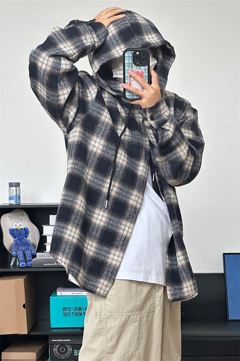 数据毛呢连帽格子衬衫磨毛中性加厚连帽衬衫外套CS069-P48,男装衬衫,星座301C-5