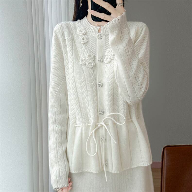 法式立体花朵100%纯羊毛开衫女圆领系绳绞花收腰针织外套显瘦上衣，女装针织衫/毛衣，江南羊绒