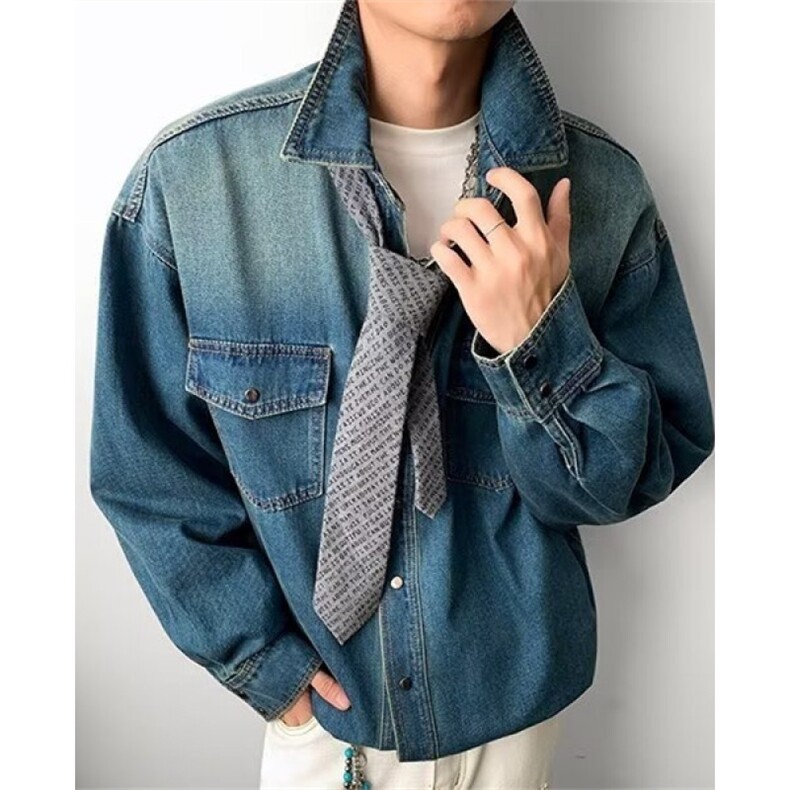 水洗渐变莱赛尔长袖牛仔衬衫男2025春季宽松翻领衬衣外套 J1035图片