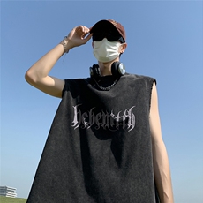水洗做旧坎肩背心男夏季美式复古高街潮牌粉色运动无袖T恤青少年，男装背心/马甲，电商A268A