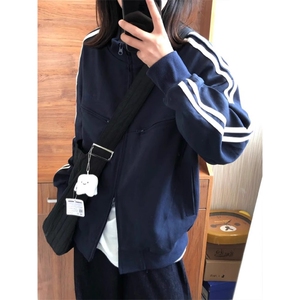F240119-P88潮牌拉链立领卫衣女春秋款开衫情侣双杆拼接外套