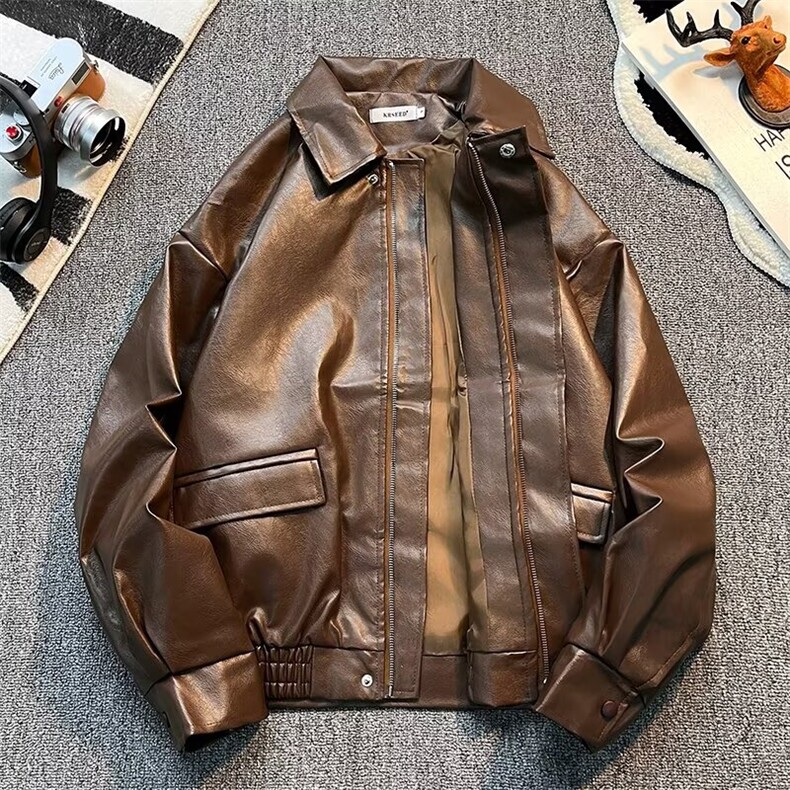 高街复古皮衣外套男春秋季潮牌廓型机车服PU皮夹克W25/P67图片