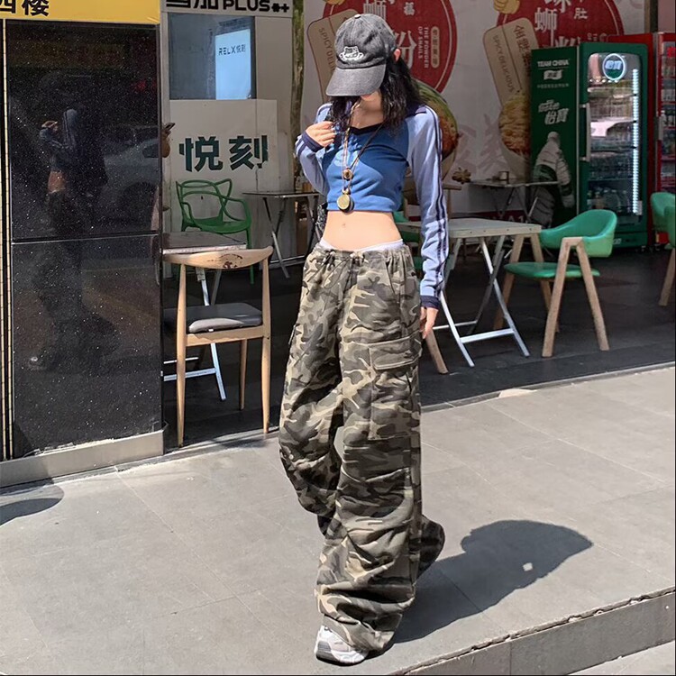 辣妹高腰迷彩工装裤宽松显瘦牛仔裤女夏季休闲阔腿裤直筒裤长裤子,女装休闲裤,星座218-8