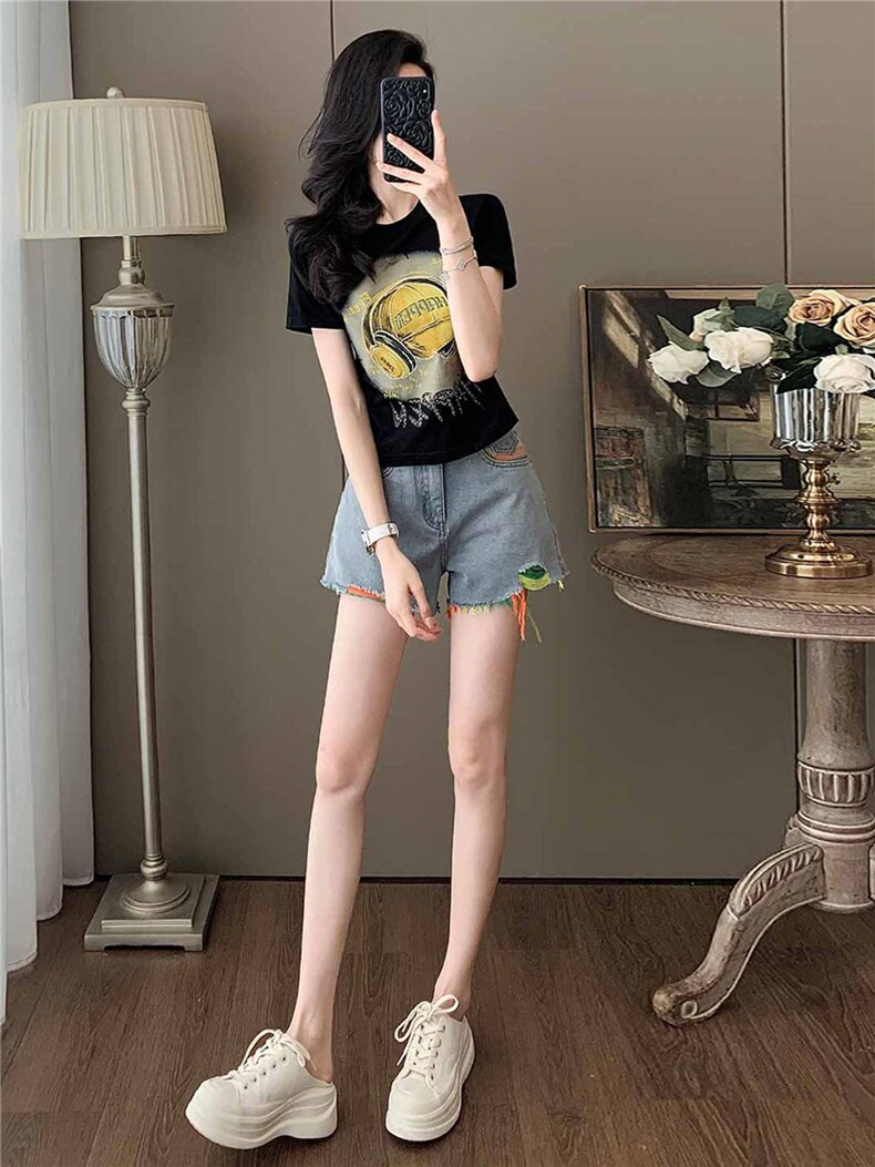 女夏季新款韩版运动休闲套装卡通印花圆领短袖宽松牛仔短裤两件套,女装套装/套裙,江南