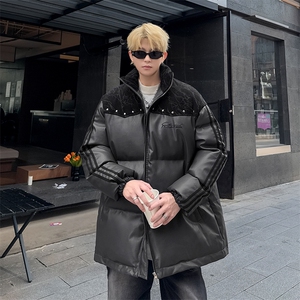 PU皮棉服冬季宽松港风棉衣立领冬装棉袄外套男MY249-特P105控168图片