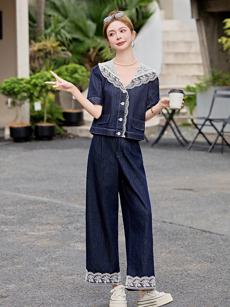 设计感小众牛仔套装女2025夏季新款蕾丝上衣拼接阔腿裤两件套,女装套装/套裙,E百度