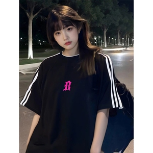 抖音得物高品质二开240克宽松纯棉美式潮牌三条杠织带短袖T恤图片