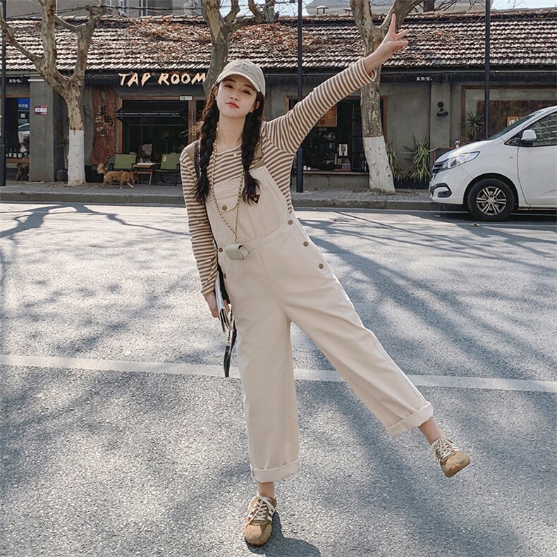 白色背带裤套装女2025春秋新款韩版显瘦俏皮减龄小个子休闲连体裤,女装套装/套裙,浙宝212A