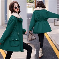 2021冬季新款时尚拼接羊羔毛翻领修身抽绳毛绒内里保暖派克服，女装派克服，菡迪欧娜