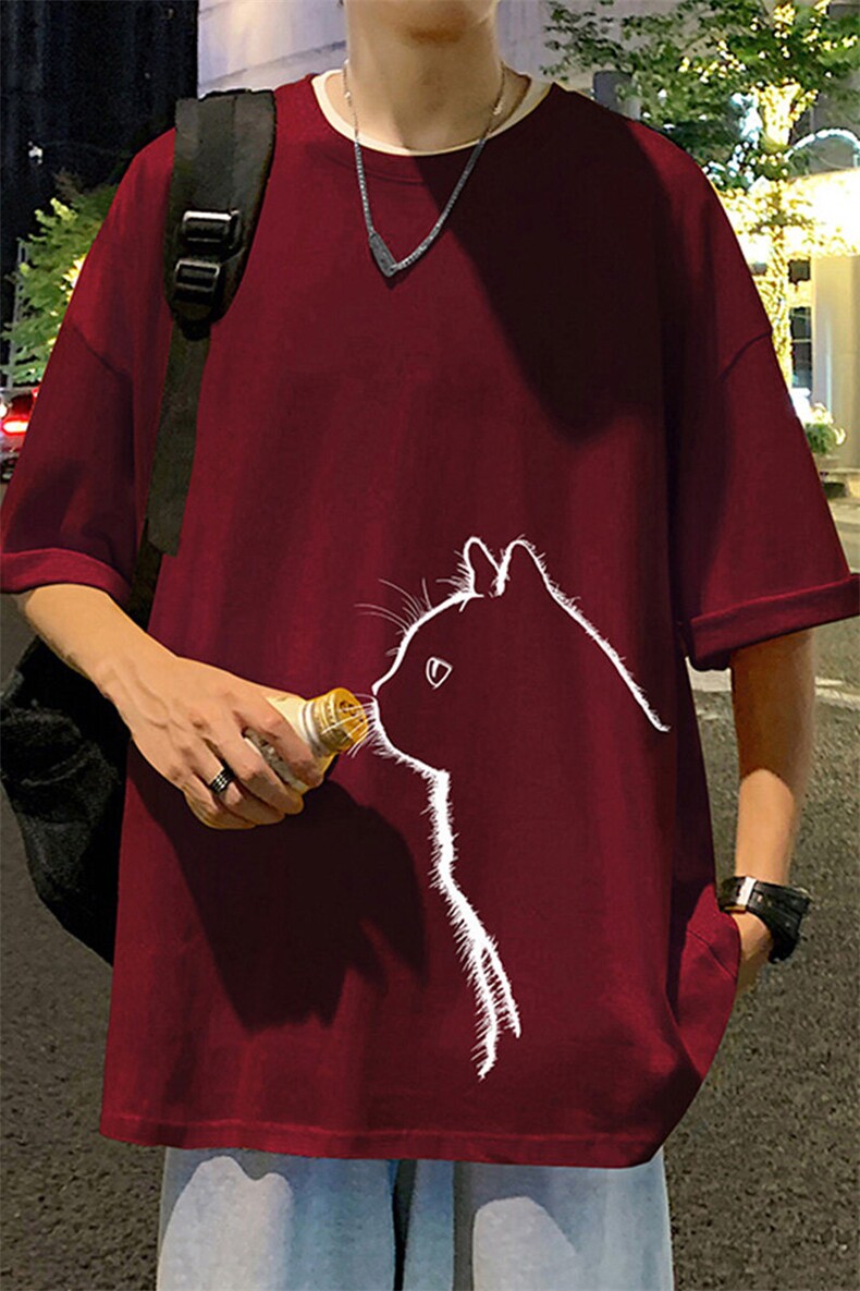 T702P26新品猫咪图案纯棉重磅T恤酒红色宽松日系美式港风,男装T恤,星座304A