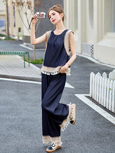 度假风蕾丝钩花拼接套装女2025夏季新款洋气无袖背心阔腿裤两件套图片