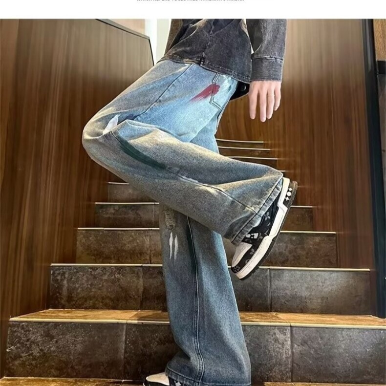 美式复古蓝牛仔裤男春秋设计感刷漆破洞水洗裤子宽松直筒阔腿长裤,男装牛仔裤,星座601-1