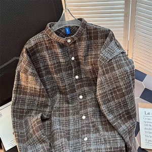 F667P49 春秋季复古磨毛格子衬衫男美式潮牌宽松休闲水洗立领外套图片