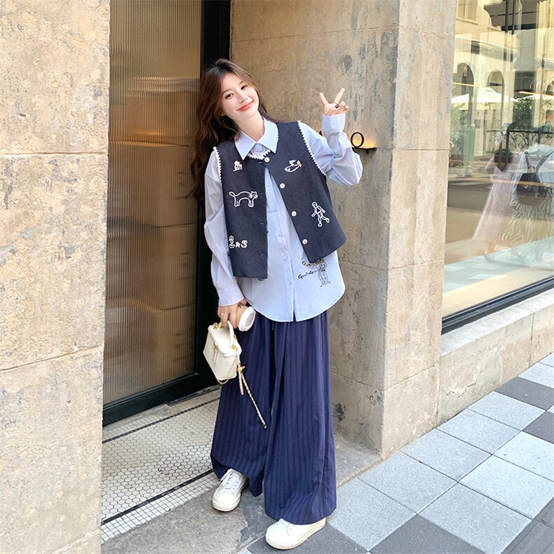深蓝色马甲衬衫阔腿裤三件套女2025年秋季新款时尚直筒高腰一整套,女装套装/套裙,2C052