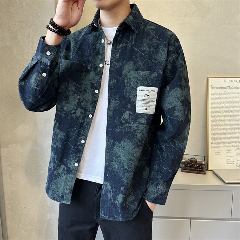 新款牛仔长袖衬衫男蓝色个性扎染印花工装外套C2401-P105,男装衬衫,电商A237