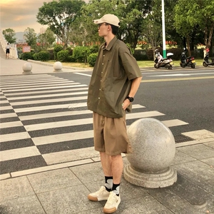 CS3415 p55 限78 潮牌夏季日系复古街头风短袖方领衬衫图片