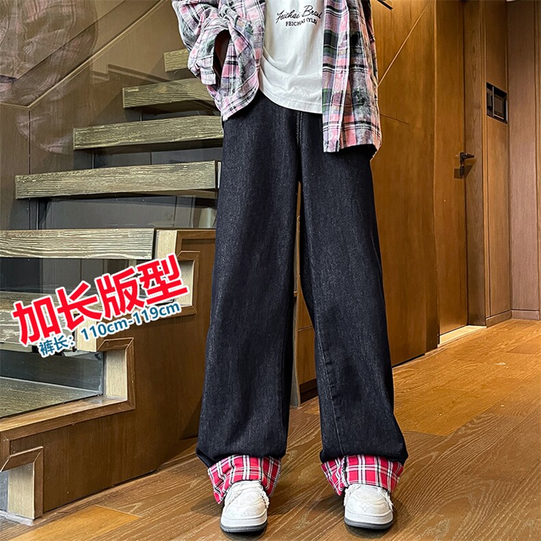 加长版裤子男高个子拼接卷边格子188cm110牛仔裤KZ011P65加绒75图片