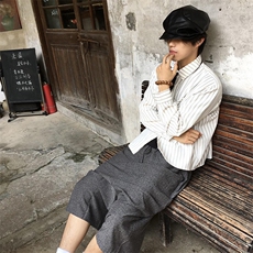 美式潮牌高街复古泡泡纱竖条纹日系肌理长袖衬衫男女休闲宽松衬衣，男装衬衫，电商A486