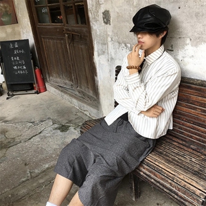 美式潮牌高街复古泡泡纱竖条纹日系肌理长袖衬衫男女休闲宽松衬衣图片