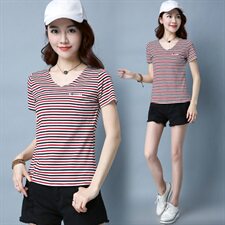 经典2025年夏季短袖常规修身拼接圆领粗横条纹T恤，女装T恤，板酷