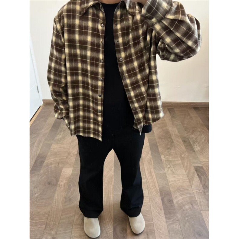 春秋新款下摆流苏破坏衬衣男女经典基础翻领复古格子衬衫外套上衣,男装衬衫,星座516A