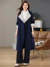 撞色风衣女中长款2025春秋季新款中老年妈妈宽松大码时尚休闲外套，女装风衣，江忆布依