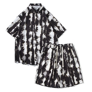 夏日套装大码宽松花衬衫男短袖痞帅休闲上衣两件套衣25裤18/TP43图片