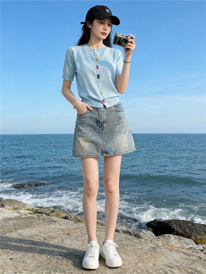 欧货时尚设计感套装女夏新款圆领彩色纽扣针织衫短袖牛仔裙两件套,女装套装/套裙,江南