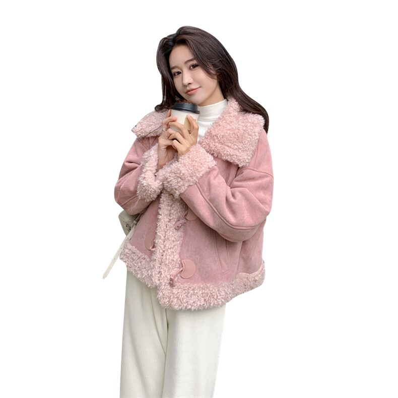 杏色高级感大翻领皮毛一体外套女2024冬新款时尚洋气加厚保暖上衣,女装毛呢外套,帛香坊