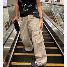 美式复古水洗多口袋工装牛仔裤女春秋款高街设计感高腰窄版直筒裤，男装休闲裤，星座813-2
